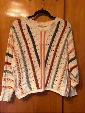Maurice’s Cozy Ivory Striped Knit Sweater with Rust & Blue Accents